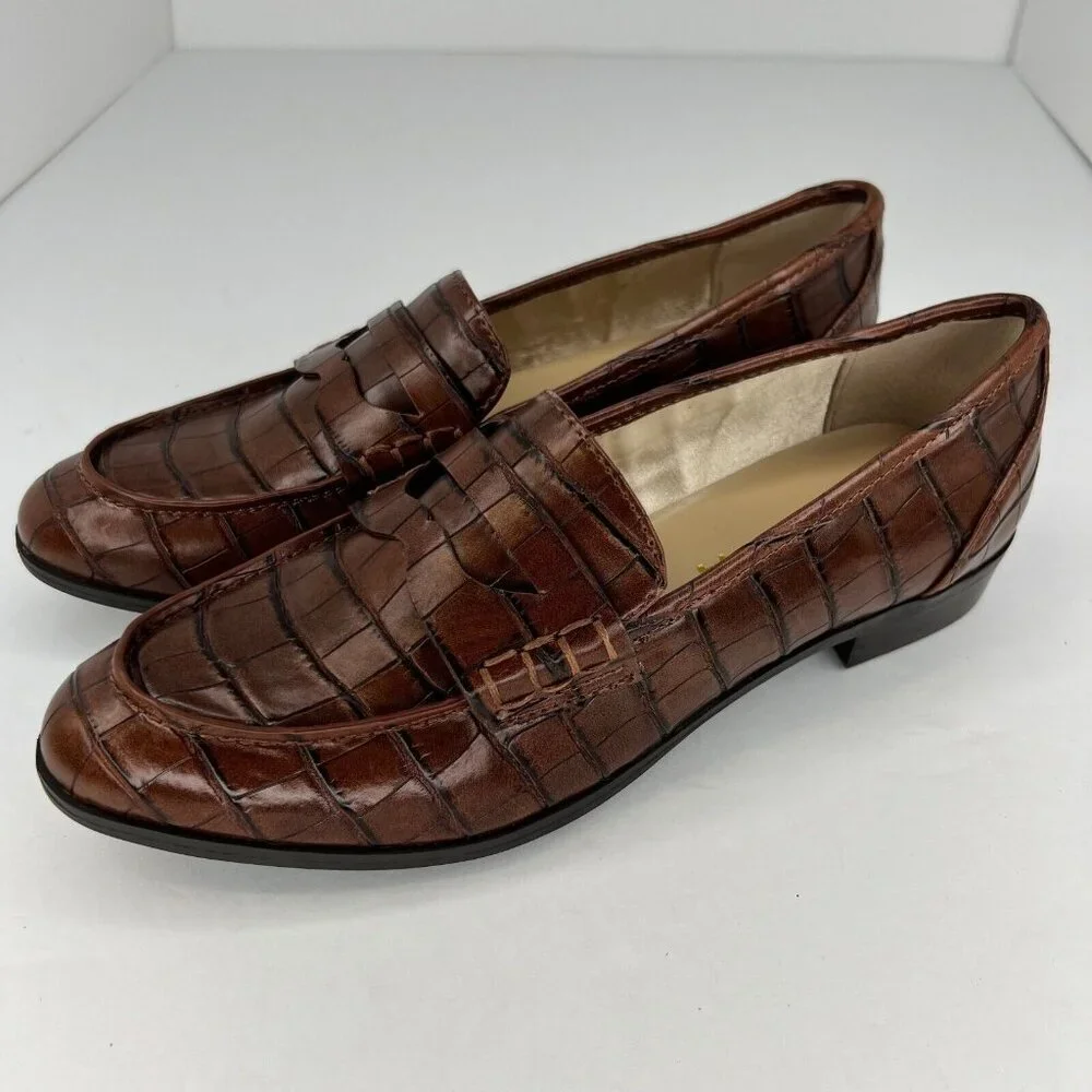Unisa Womens Unstaslia Rich Brown Crocodile Embossed Flats Size 7M Loafers